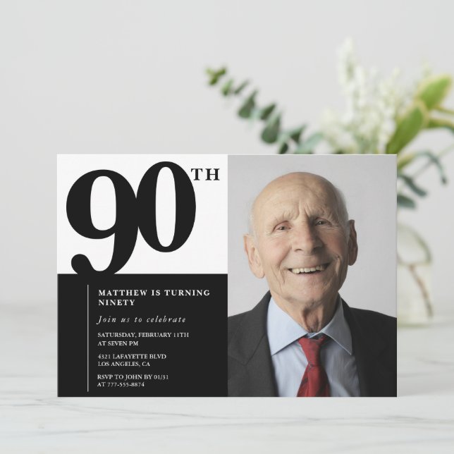 Black 90th birthday invitations Elegant Chic (Standing Front)