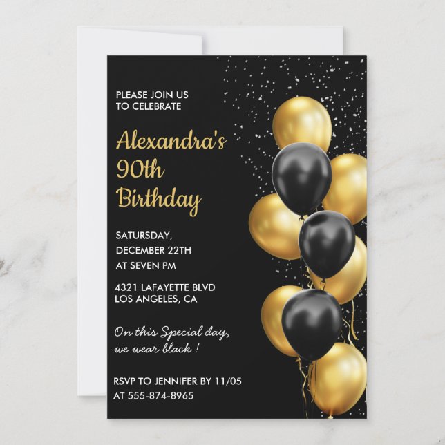 Black 90th birthday invitations Gold Glitter Glam (Front)