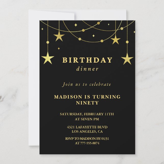 Black 90th birthday invitations Gold Stars (Front)