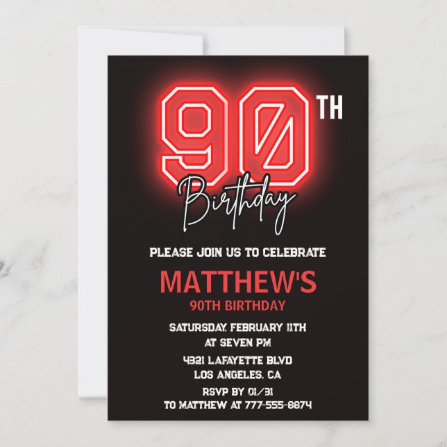 Black 90th birthday invitations Men Neon (Front)