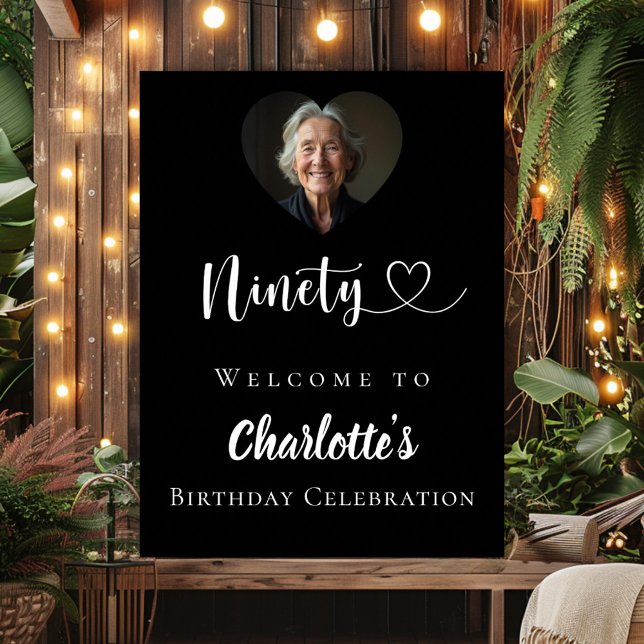 Black 90th birthday party photo heart welcome poster (Creator Uploaded)