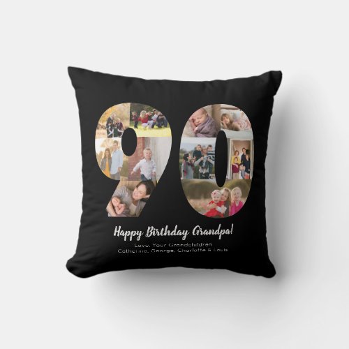 Black 90th Number Photo Collage Custom Greeting Throw Pillow