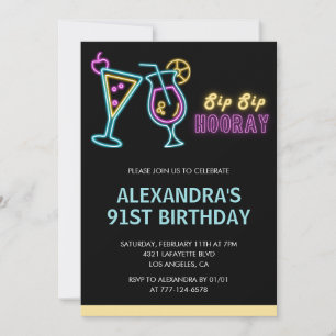 Black 91st birthday invitations Cocktail Neon Glow