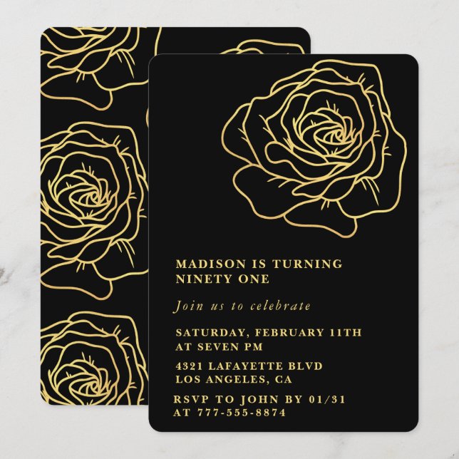 Black 91st birthday invitations Gold Floral (Front/Back)