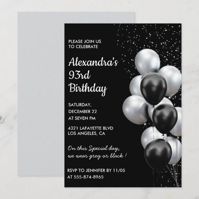 Black 93rd birthday invitations Balloons Silver (Front/Back)