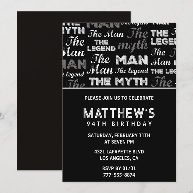 Black 94th birthday invitation Man Myth Legend (Front/Back)