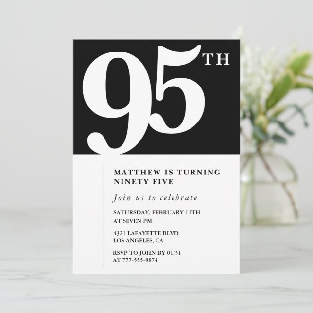 Black 95th birthday invitation Elegant Chic Simple (Standing Front)