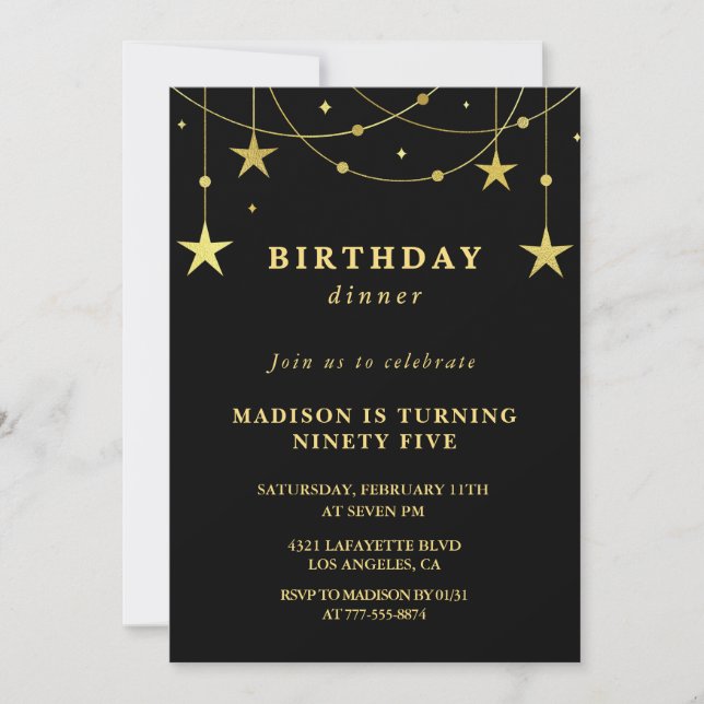 Black 95th birthday invitations Gold Stars (Front)
