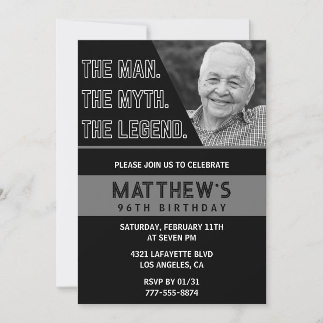 Black 96th birthday invitations The Man The Legend (Front)