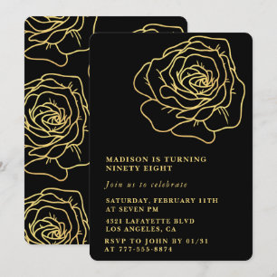 Black 98th birthday invitations Gold Floral