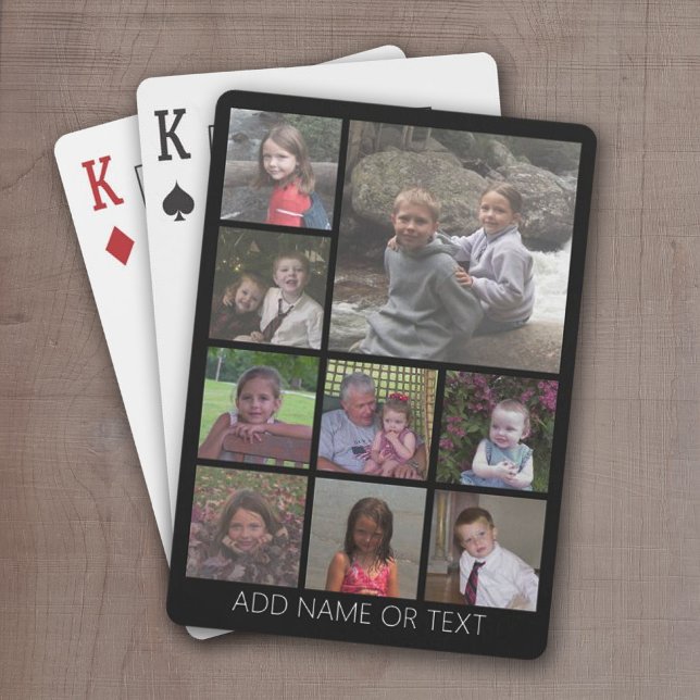 Black 9 Photo Square Collage simple white text Poker Cards (9 Photo playing cards -- personalize with your name)