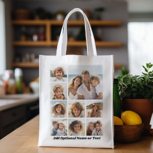 Black 9 Photo Square Collage - with script black Grocery Bag
