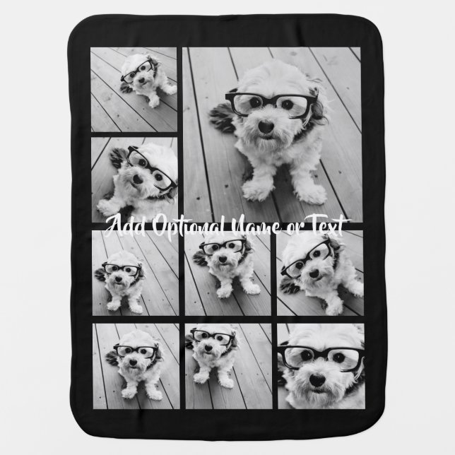 Black 9 Photo Square Collage - with script white Baby Blanket (Front)
