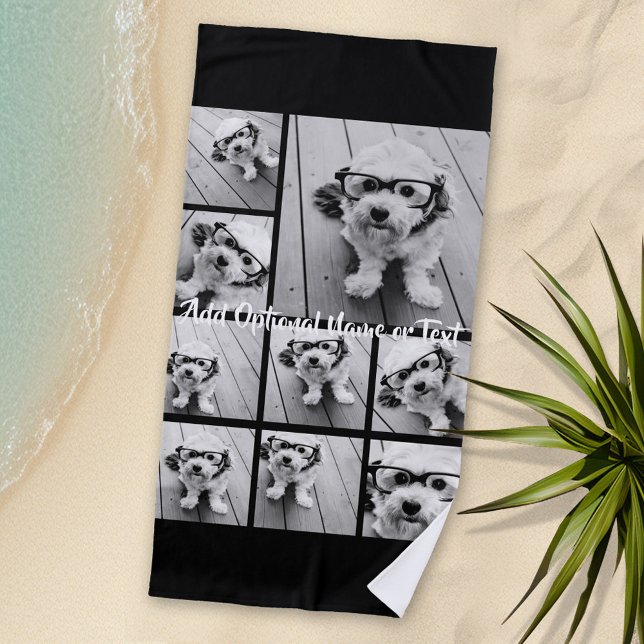 Black 9 Photo Square Collage - with script white Beach Towel (Personalized Beach Towel - Photo Collage with area for monogram or text)
