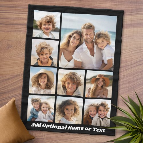 Black 9 Photo Square Collage _ with script white Fleece Blanket