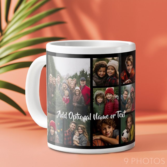 Black 9 Photo Square Collage - with script white Giant Coffee Mug (Add 9 photos to this personalized coffee mug.)