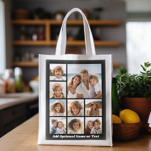 Black 9 Photo Square Collage - with script white Grocery Bag