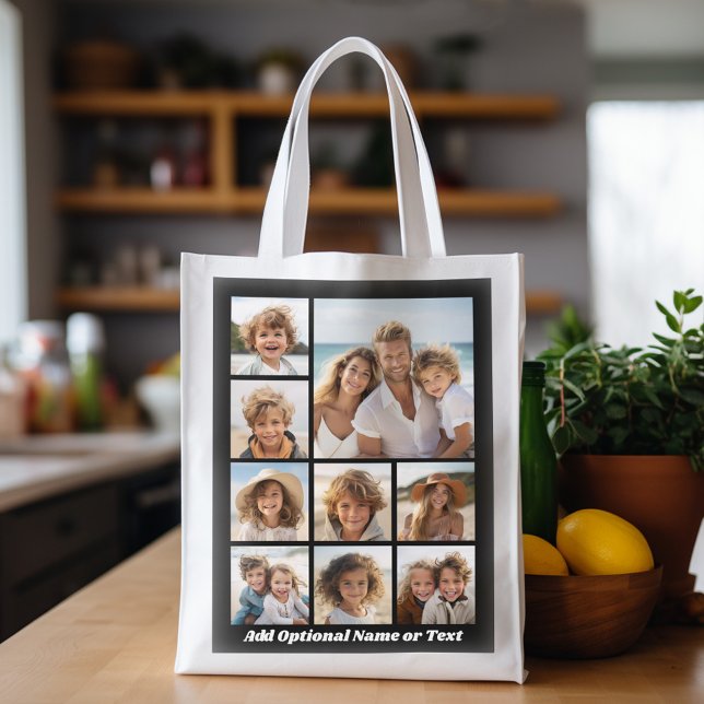 Black 9 Photo Square Collage - with script white Grocery Bag (Personalized grocery tote with photo collage and custom text)