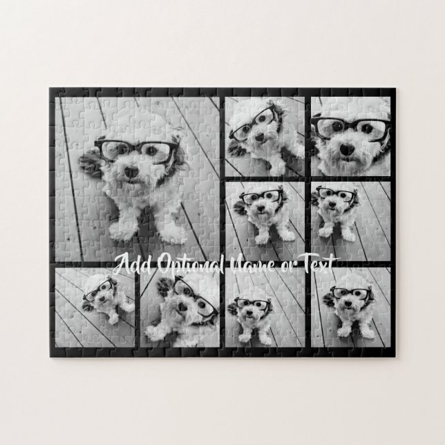 Black 9 Photo Square Collage - with script white Jigsaw Puzzle (Horizontal)