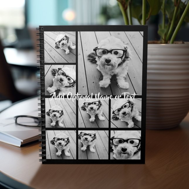 Black 9 Photo Square Collage - with script white Notebook (Personalized notebook with photos and text)