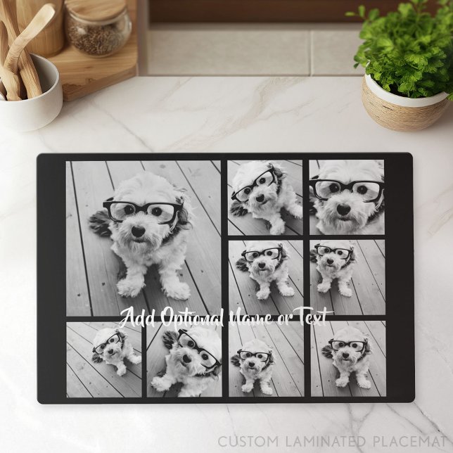 Black 9 Photo Square Collage - with script white Placemat (Custom Laminated Placemat)