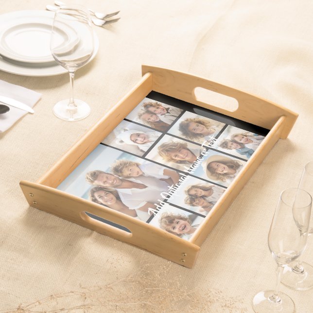 Black 9 Photo Square Collage - with script white Serving Tray (Front)