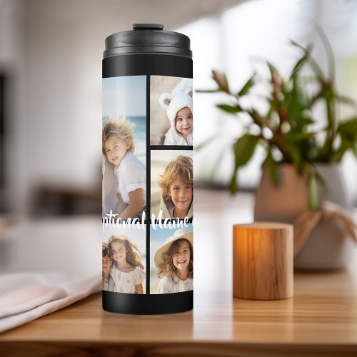 Black 9 Photo Square Collage _ with script white Thermal Tumbler