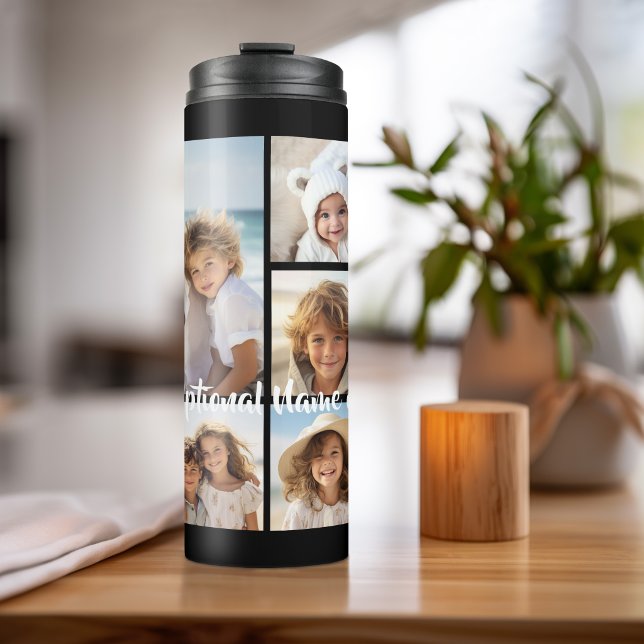 Black 9 Photo Square Collage - with script white Thermal Tumbler