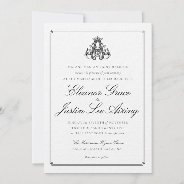 Black "A" Monogram Wedding Invitation (Front)