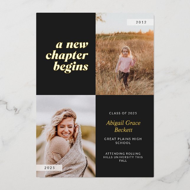 Black A New Chapter Begins Graduation Foil Invitation (Front)