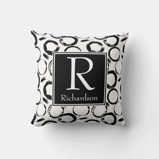 Black Abstract Circles Monogrammed Throw Pillow (Front)