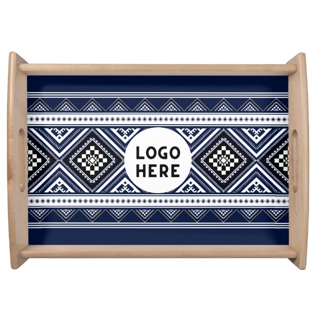 Black Abstract Ethnic Geometric Patterns with Logo Serving Tray (Front)