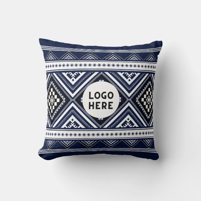 Black Abstract Ethnic Geometric Patterns with Logo Throw Pillow (Front)