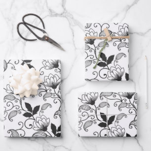 Black Abstract Floral on White Background Wrapping Paper Sheets