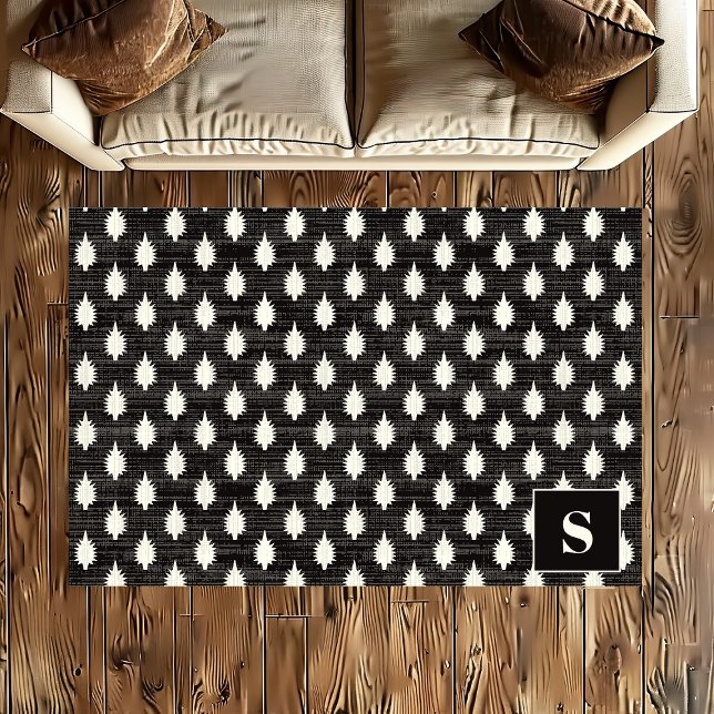 Black Abstract Geometric Spikes Boho Monogram Rug (Creator Uploaded)