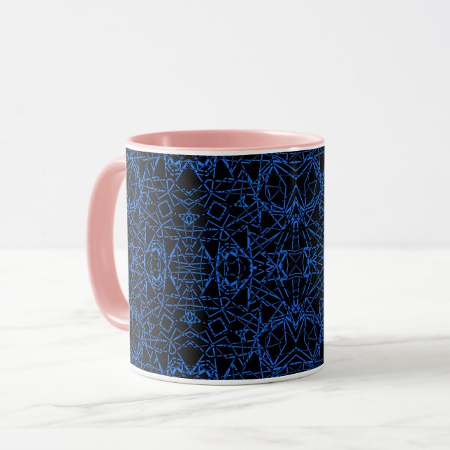 Black abstract modern spider net lines blue navy o mug (Front Left)