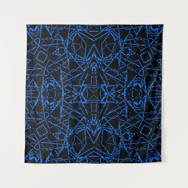 Black abstract modern spider net lines blue navy o tapestry (Front)