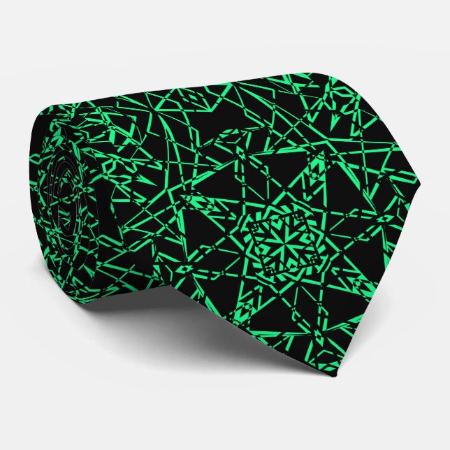 Black abstract modern spider net lines neon green neck tie (Rolled)