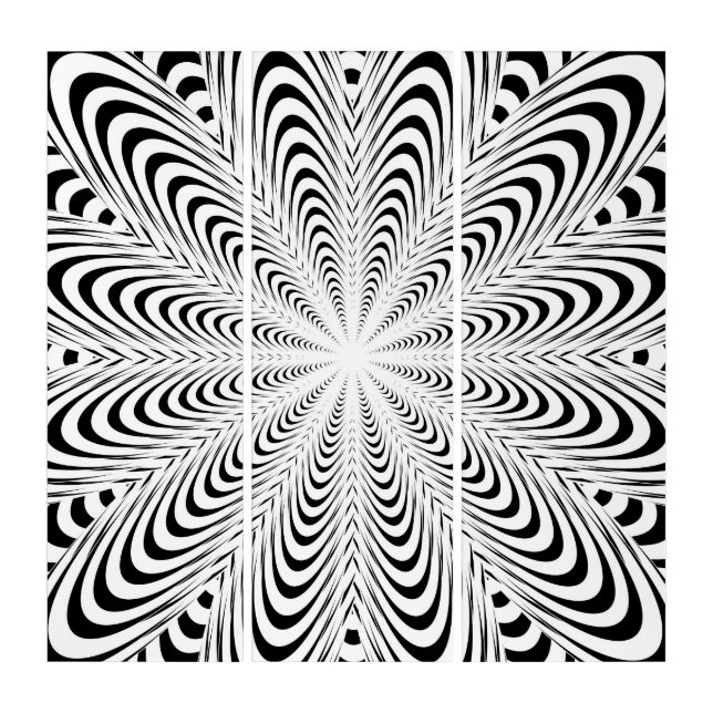 Black abstract optical illusion flower triptych (Front)