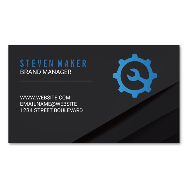Black Abstract Panels | Wrench Gear Logo Business Card Magnet (Front)