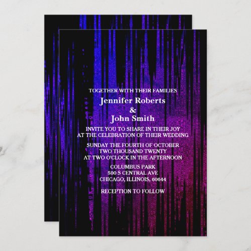 Black Abstract Purple Blue Artsy Elegant Wedding Invitation