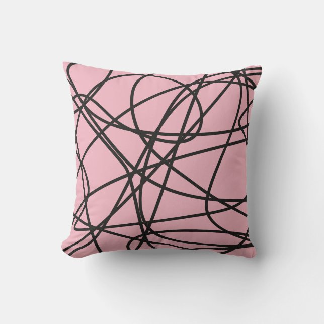 Black Abstract Scribble on Pink Throw Pillow (Front)