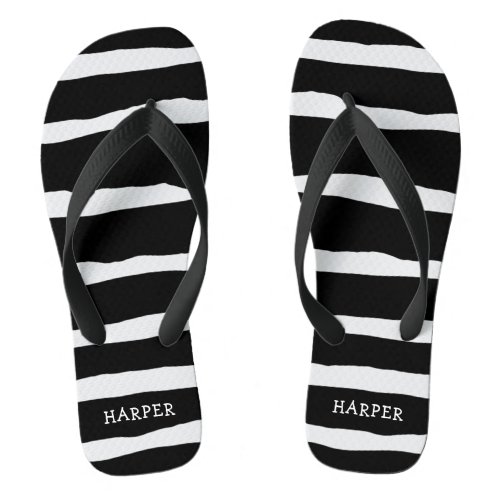 Black Abstract Stripes with Your Name Flip Flops