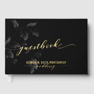 Black Acanthus Leaf Gold Script Elegant Wedding  Foil Guest Book