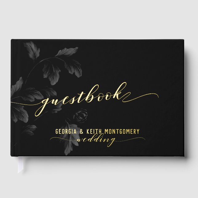 Black Acanthus Leaf Gold Script Elegant Wedding  Foil Guest Book (Front)