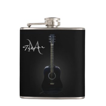 Black Acoustic Guitar Monogram Music Flask by UROCKDezineZone at Zazzle