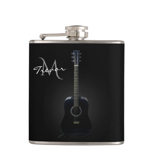 Black Acoustic Guitar Monogram Music Flask