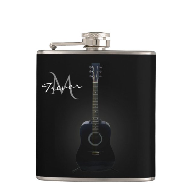 Black Acoustic Guitar Monogram Music Flask (Front)
