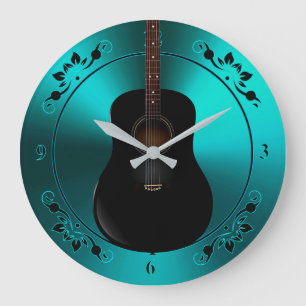 Black Acoustic Guitar On Teal Music Clock