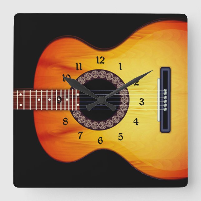 Black Acoustic Guitar Square Wall Clock (Front)